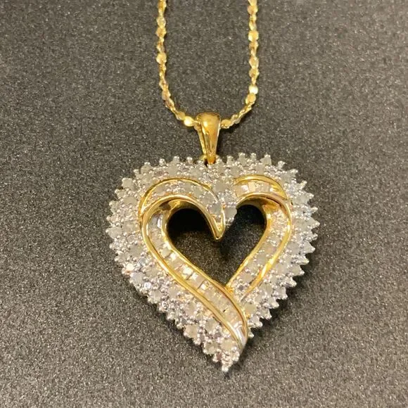 JWBR Diamond Open Heart Necklace Pave Cluster Gold Over .925 Silver Anniversary - Picture 2 of 12